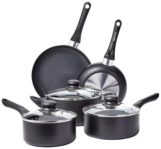 Amazon Basics Durable Non-Stick Cookware Set, Pots and Pans, 8-Piece, Black