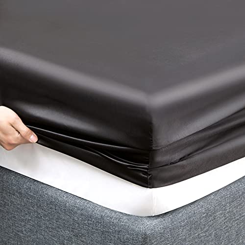 Vonty Satin Sheets Full Size Silky Soft Satin Bed Sheets Black Satin Sheet Set, 1 Deep Pocket Fitted Sheet + 1 Flat Sheet + 2 Pillowcases