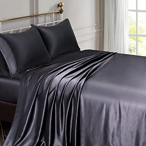 Vonty Satin Sheets Full Size Silky Soft Satin Bed Sheets Black Satin Sheet Set, 1 Deep Pocket Fitted Sheet + 1 Flat Sheet + 2 Pillowcases