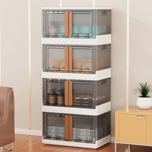 Storage Bins with Lids - Stackable, with Wheel 4x19Gal Collapsible, with Door Plastic, for Closet Organizer Folding Storage Box for Home Kitchen Organizing