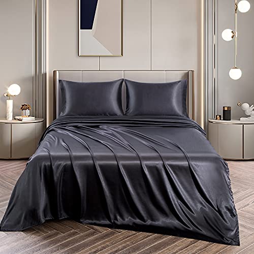 Vonty Satin Sheets Full Size Silky Soft Satin Bed Sheets Black Satin Sheet Set, 1 Deep Pocket Fitted Sheet + 1 Flat Sheet + 2 Pillowcases