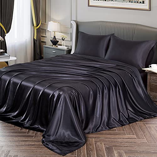 Vonty Satin Sheets Full Size Silky Soft Satin Bed Sheets Black Satin Sheet Set, 1 Deep Pocket Fitted Sheet + 1 Flat Sheet + 2 Pillowcases