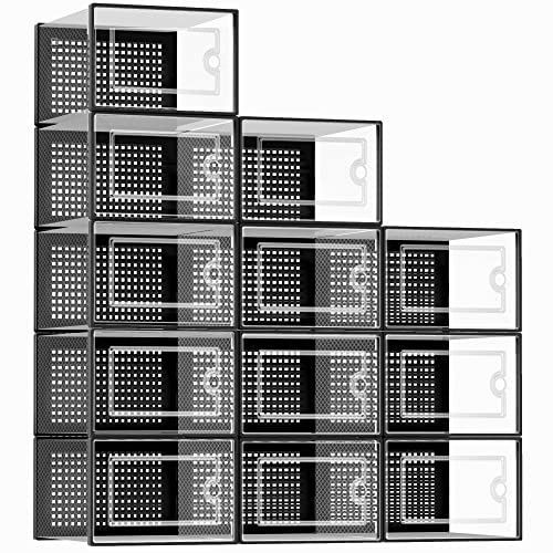 Kuject X-Large Shoe Storage Boxes Organizers for Closet 12 Pack, Clear Plastic Stackable Sneaker Containers for Entryway, Space Saving Shoe Rack Bin Holder