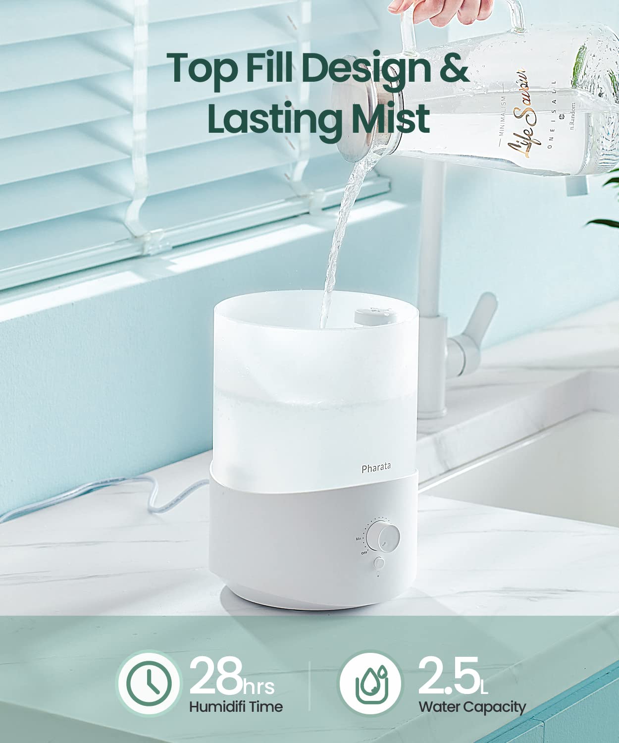 Pharata Humidifiers for Bedroom Large Room, 2.5L Cool Mist Humidifier with Essential Oil Diffuser, Top Fill Humidifier for Baby, Home, Plant, Ultrasonic Humidification for whole house, Auto Shut-Off