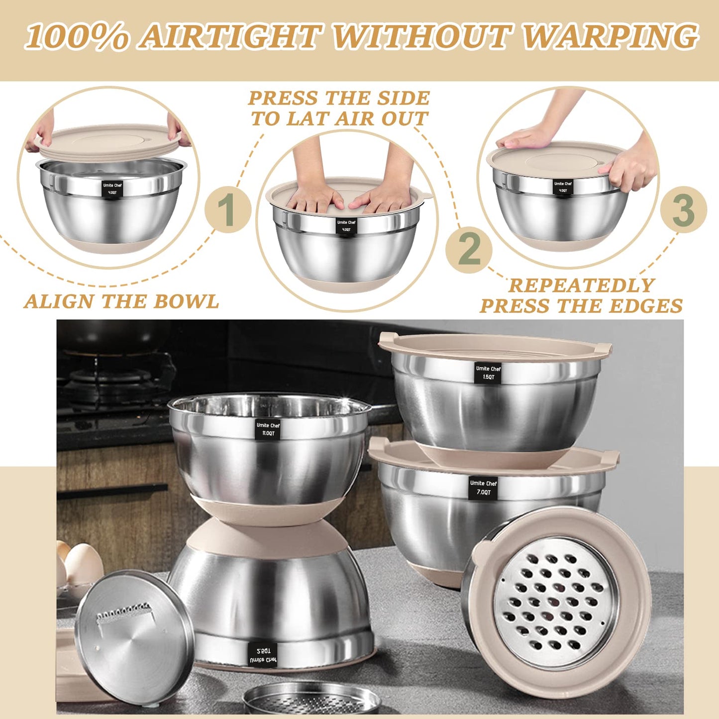 Mixing Bowls with Airtight Lids Set, 26PCS Stainless Steel Khaki Bowls with Grater Attachments, Non-Slip Bottoms & Kitchen Gadgets Set, Size 7, 4, 2.5, 2.0,1.5, 1QT, Great for Mixing & Serving