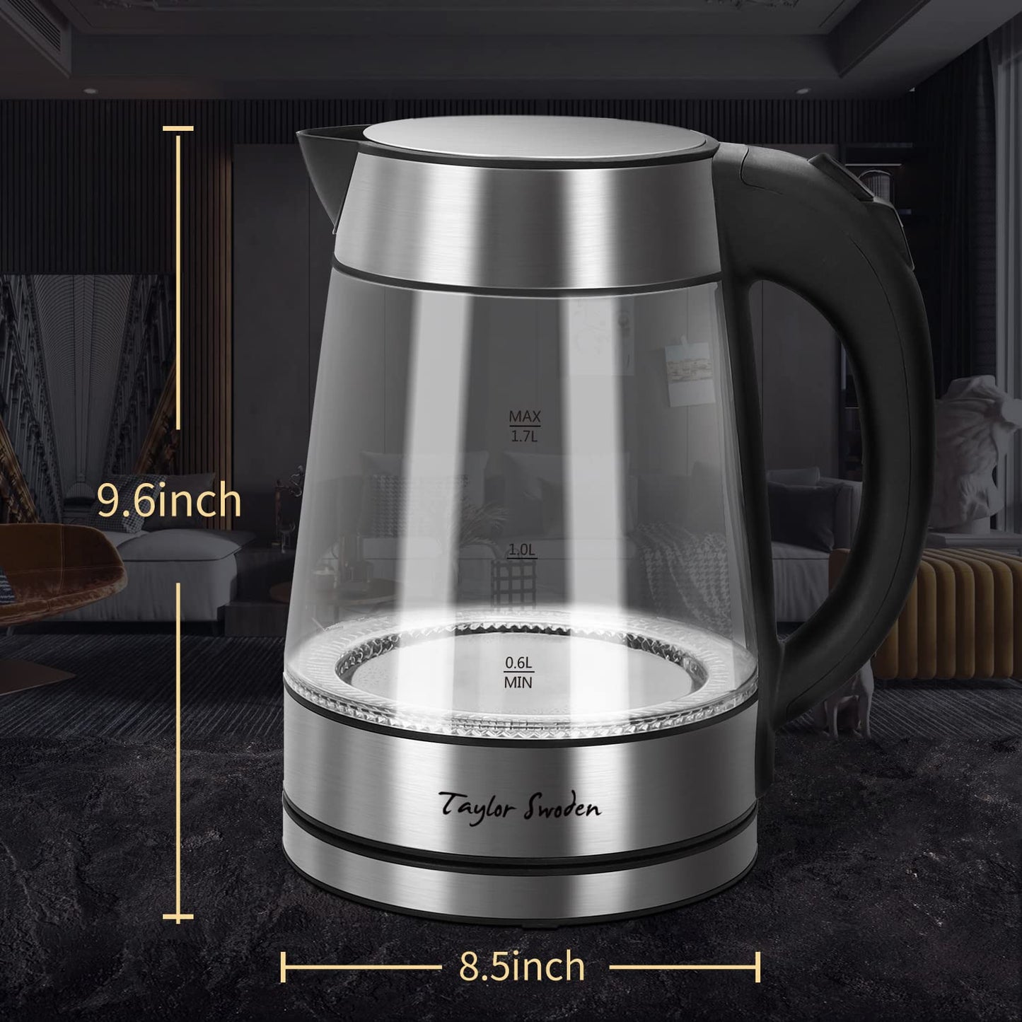 Taylor Swoden Glass Hot Water Kettle Electric for Tea and Coffee 1.7 Liter Fast Boiling Electric Kettle Cordless Water Boiler with Auto Shutoff & Boil Dry Protection