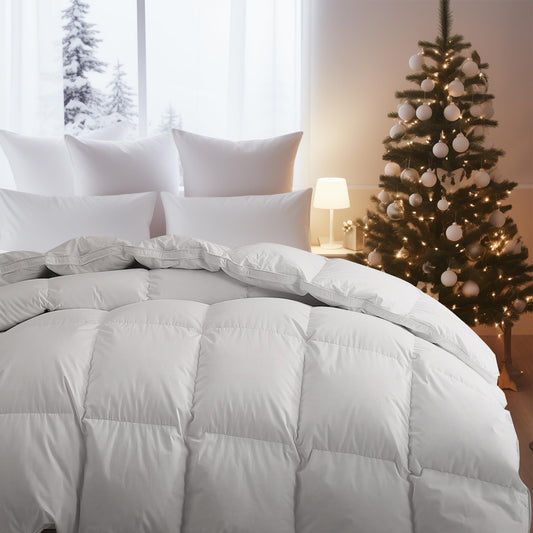 Full Size Comforter, Feather Down Winter Duvet Insert, Heavyweight Goose Down Comforter, White Hotel Collection Bedding, Soft Fabric, Gusseted Design