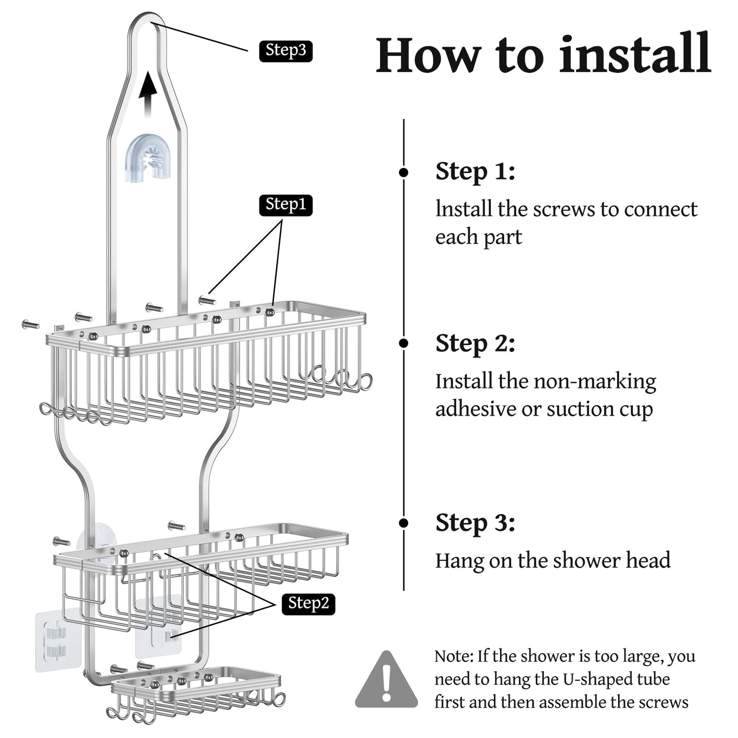 YASONIC Hanging Shower Caddy Over Shower Head with 10 Hooks for Razor/Sponge, Soap Basket Never Rust Aluminum, Large - Silver