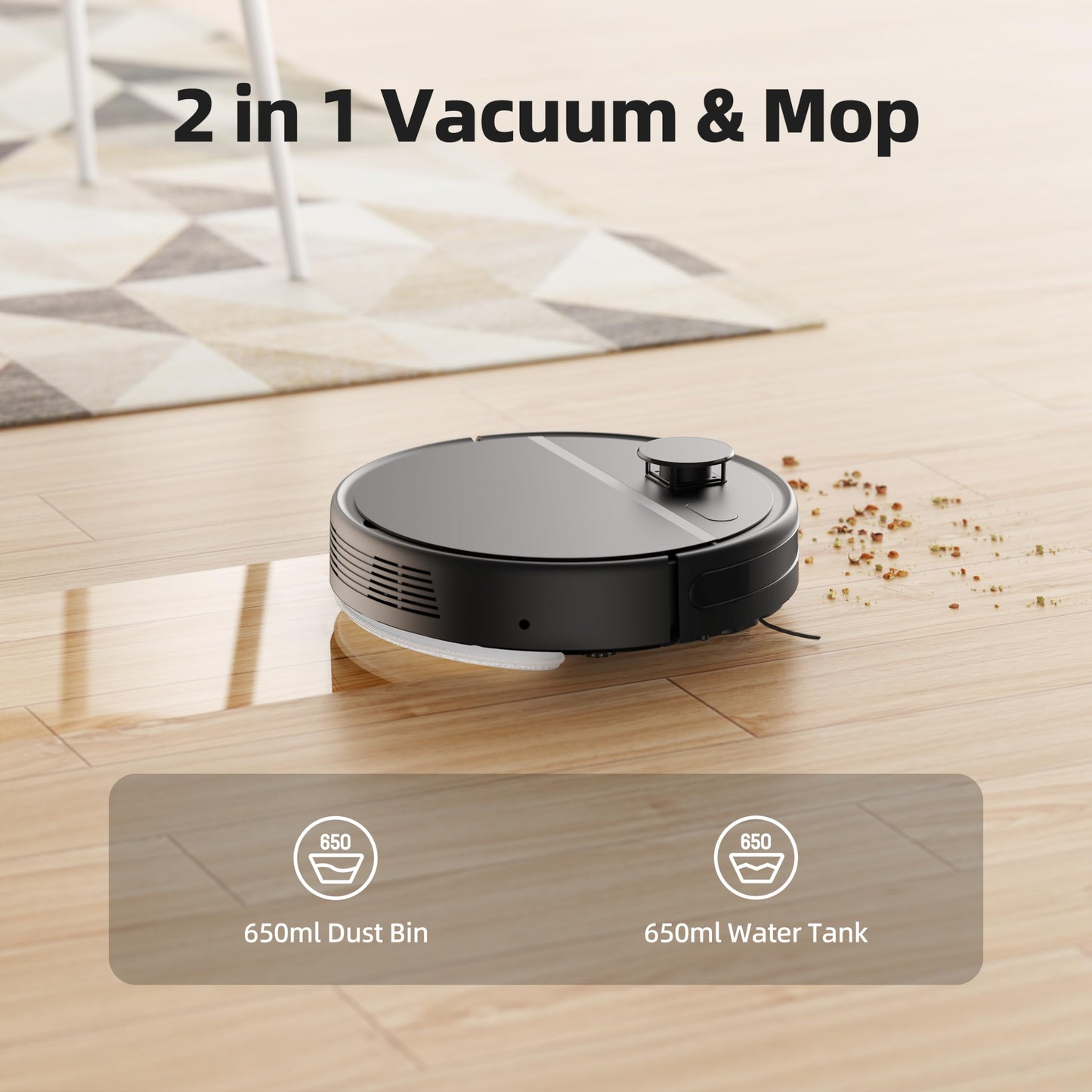 Pureatic N5 Robot Vacuum Cleaner, LiDar Navigation, 3000Pa Strong Suction, 200Mins Max, Quite, Smart Mapping, Wi-Fi/App/Alexa Control, Ideal for Pet Hair Hard Floors & Carpet