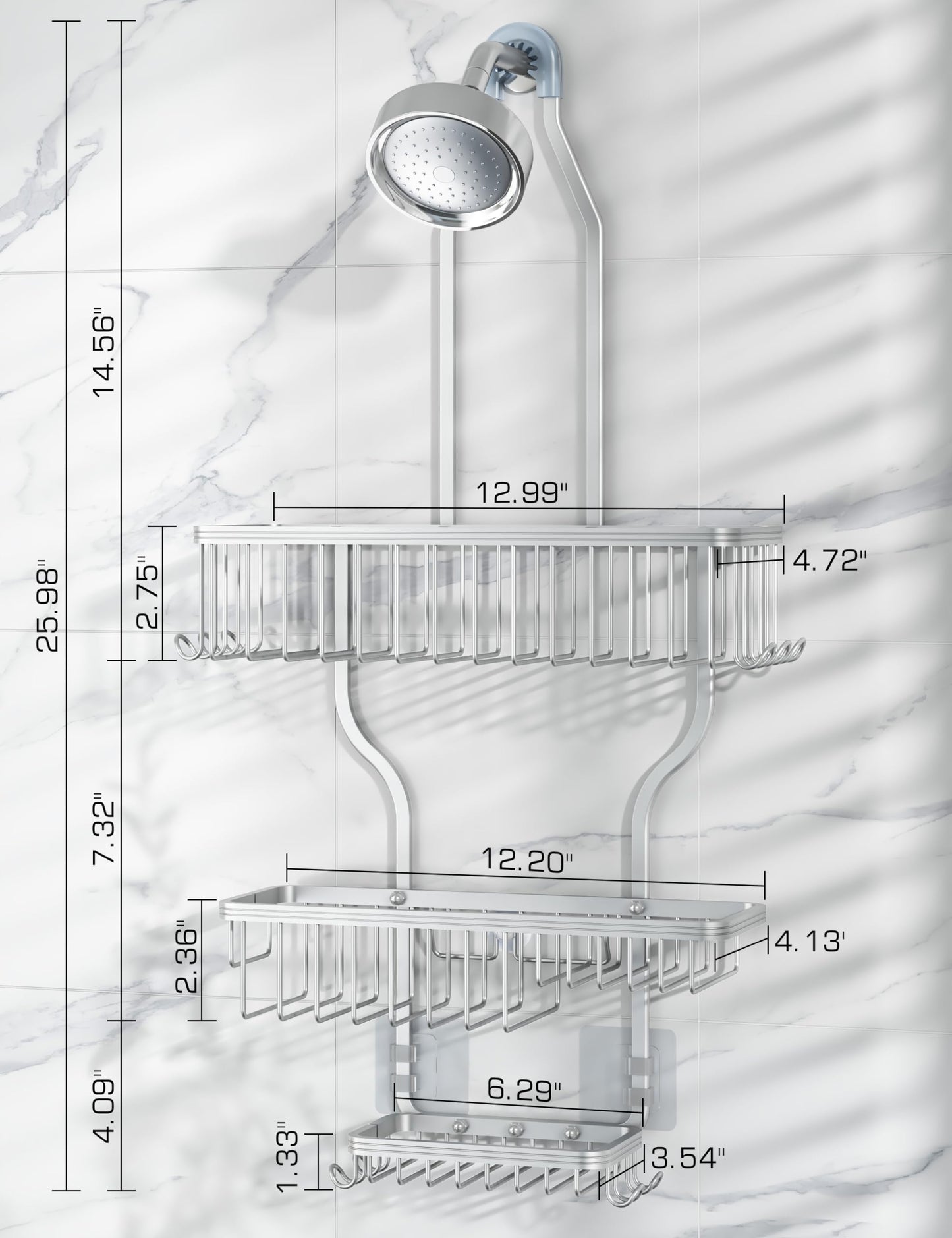 YASONIC Hanging Shower Caddy Over Shower Head with 10 Hooks for Razor/Sponge, Soap Basket Never Rust Aluminum, Large - Silver