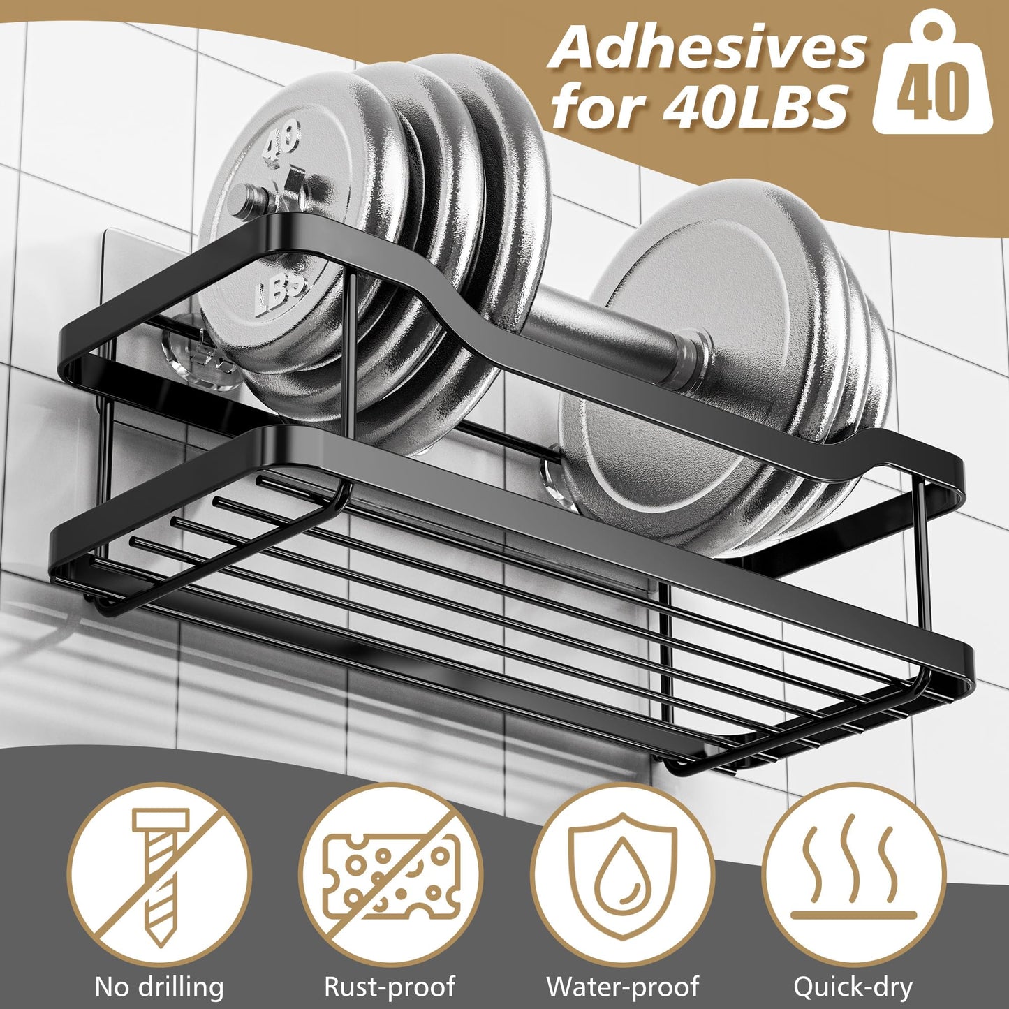 OMAIRA Shower Caddy, 2-Pack Adhesive Shower Organizer, No Drilling Rustproof 304 Stainless Steel Shower Shelves for Inside Shower & Bathroom Organizer (Matte Black)