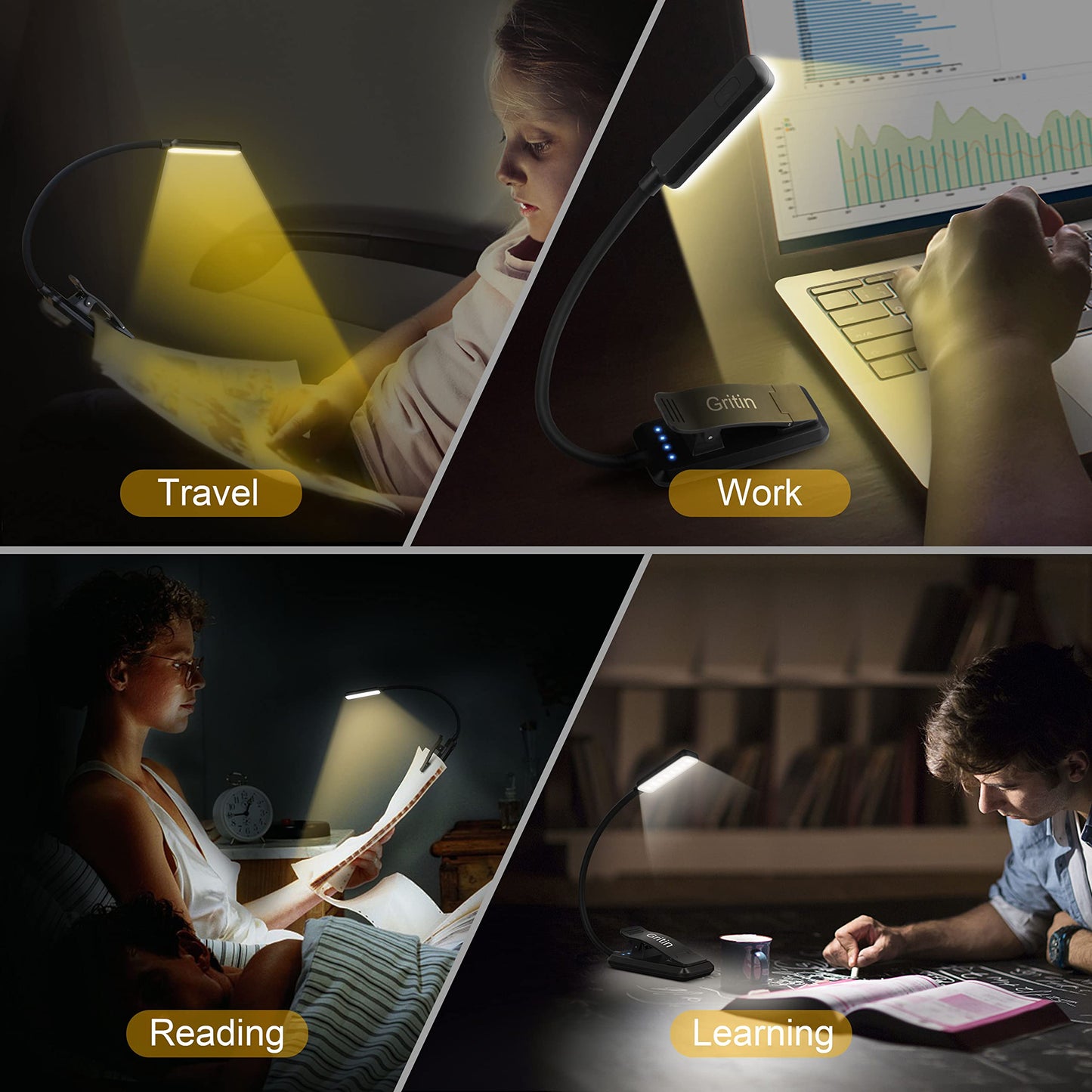 Gritin 9 LED Rechargeable Book Light for Reading in Bed - Eye Caring 3 Color Temperatures,Stepless Dimming Brightness,80 Hrs Runtime Small Lightweight Clip On Book Reading Light for Kids,Studying