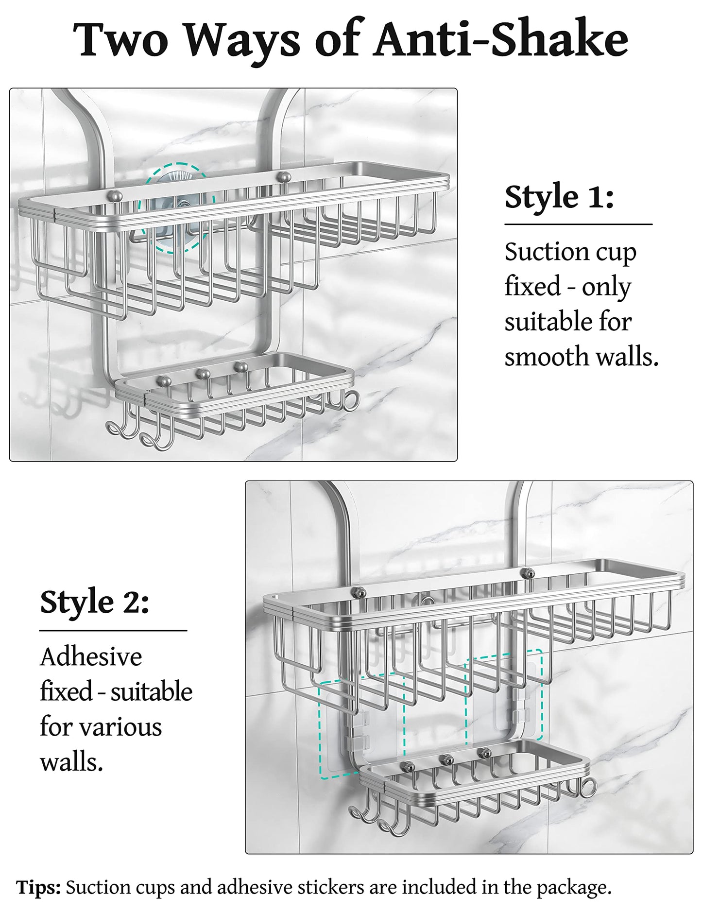 YASONIC Hanging Shower Caddy Over Shower Head with 10 Hooks for Razor/Sponge, Soap Basket Never Rust Aluminum, Large - Silver