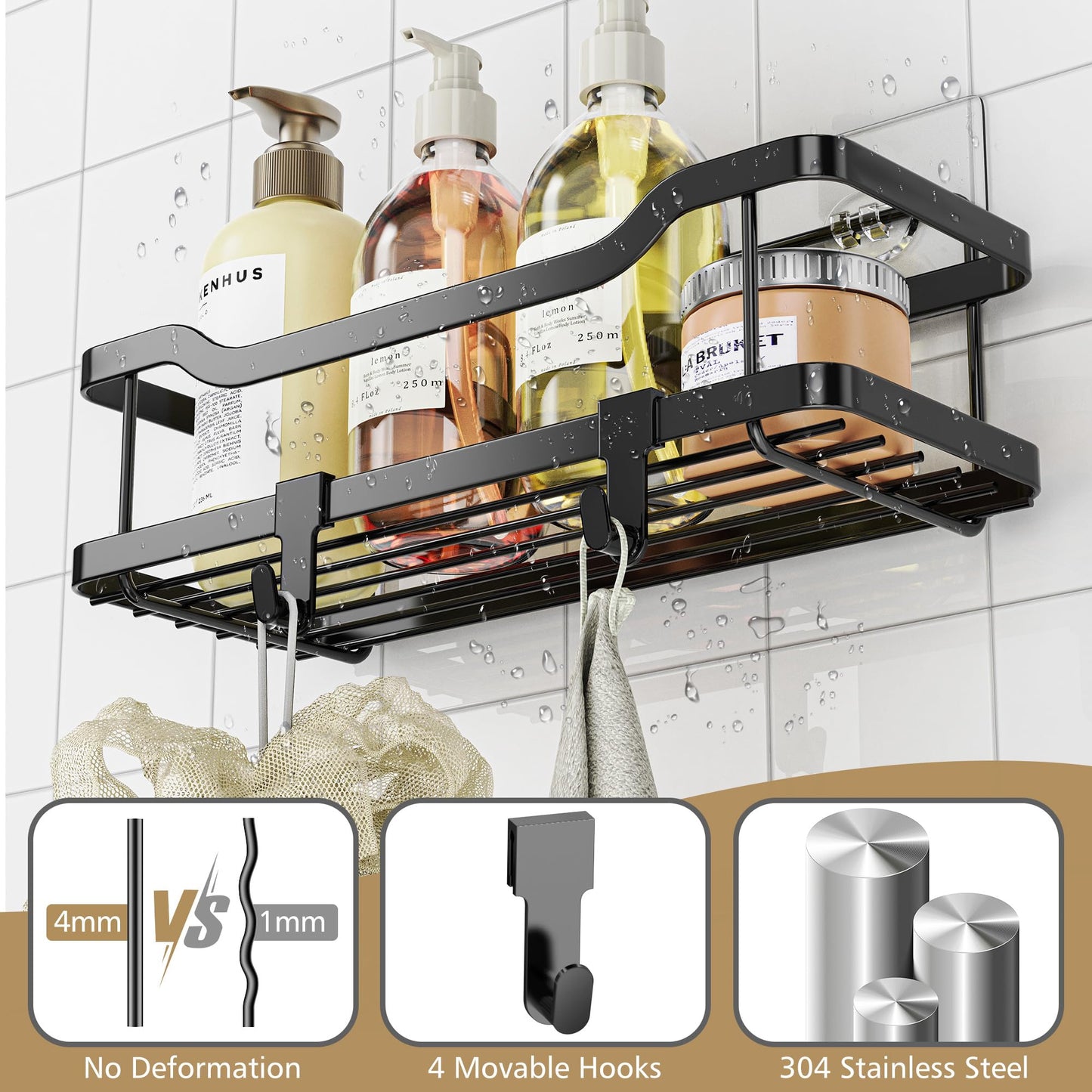 OMAIRA Shower Caddy, 2-Pack Adhesive Shower Organizer, No Drilling Rustproof 304 Stainless Steel Shower Shelves for Inside Shower & Bathroom Organizer (Matte Black)