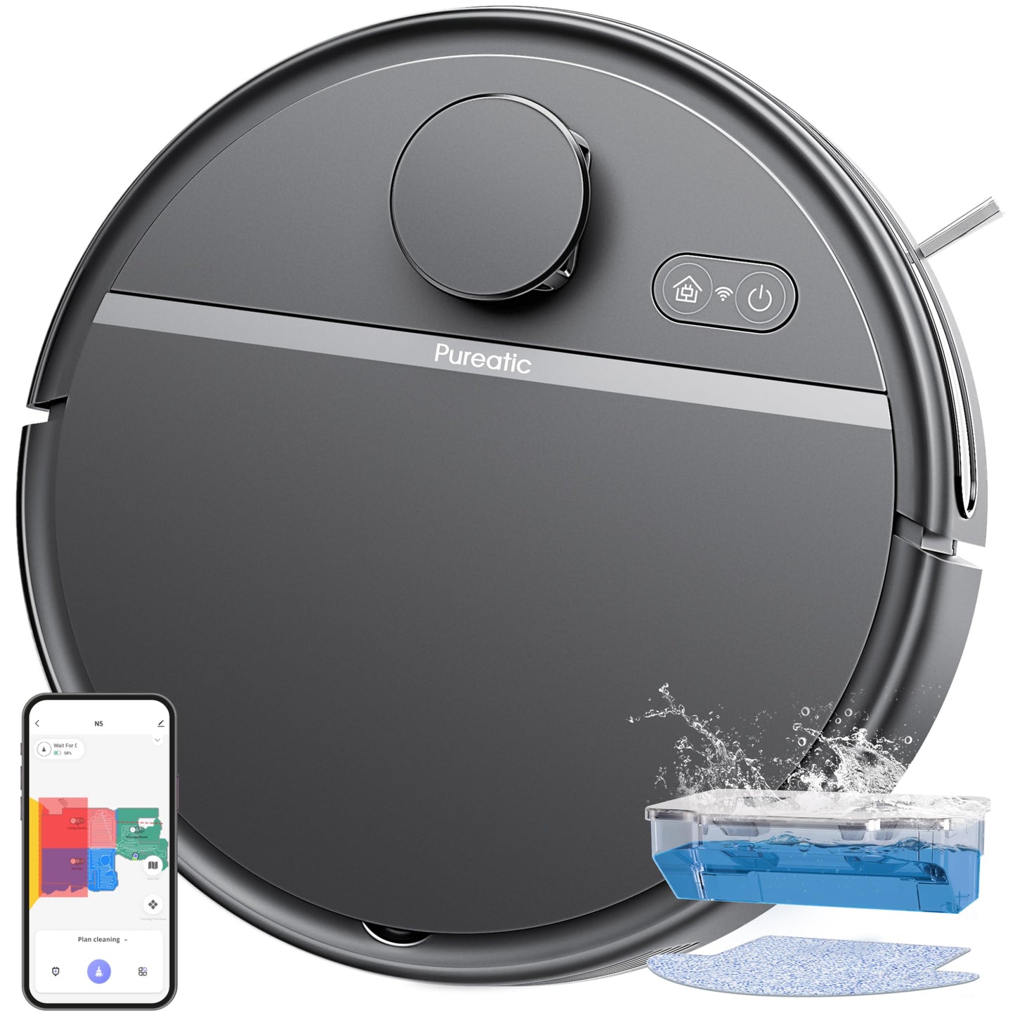 Pureatic N5 Robot Vacuum Cleaner, LiDar Navigation, 3000Pa Strong Suction, 200Mins Max, Quite, Smart Mapping, Wi-Fi/App/Alexa Control, Ideal for Pet Hair Hard Floors & Carpet