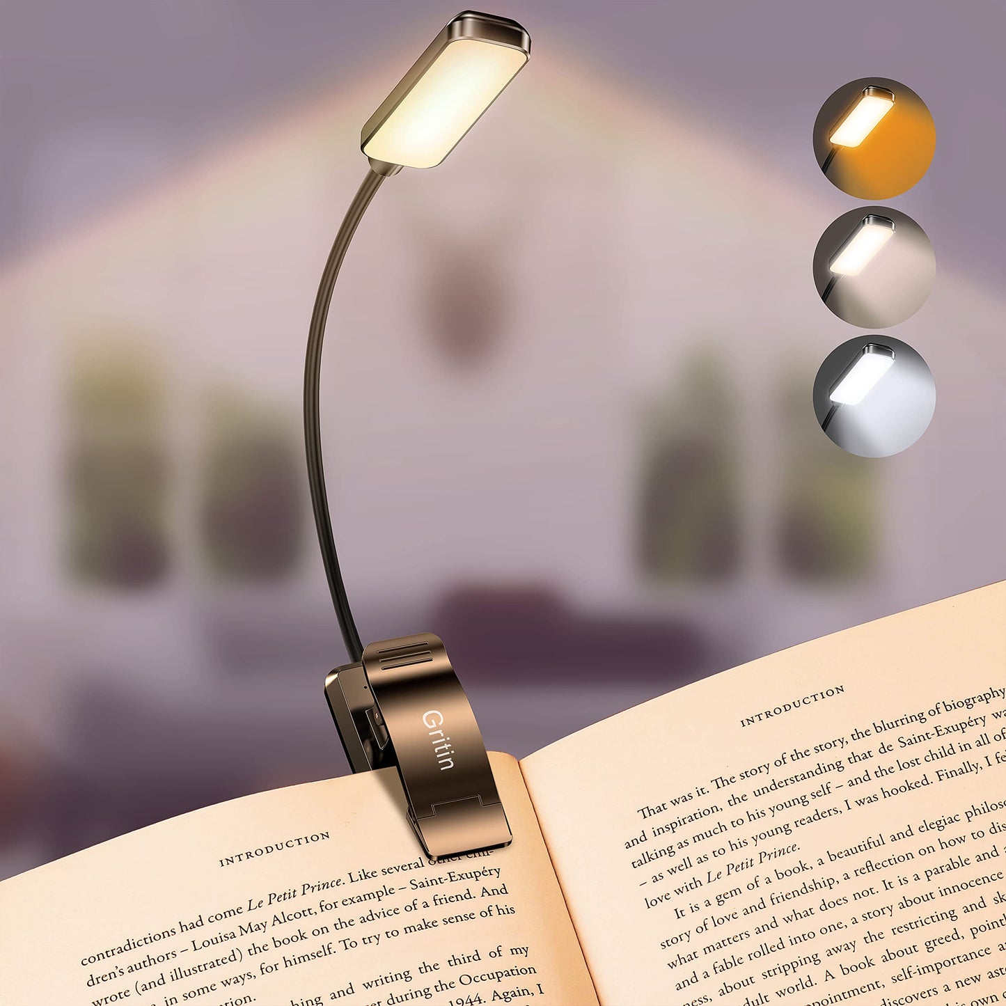 Gritin 9 LED Rechargeable Book Light for Reading in Bed - Eye Caring 3 Color Temperatures,Stepless Dimming Brightness,80 Hrs Runtime Small Lightweight Clip On Book Reading Light for Kids,Studying