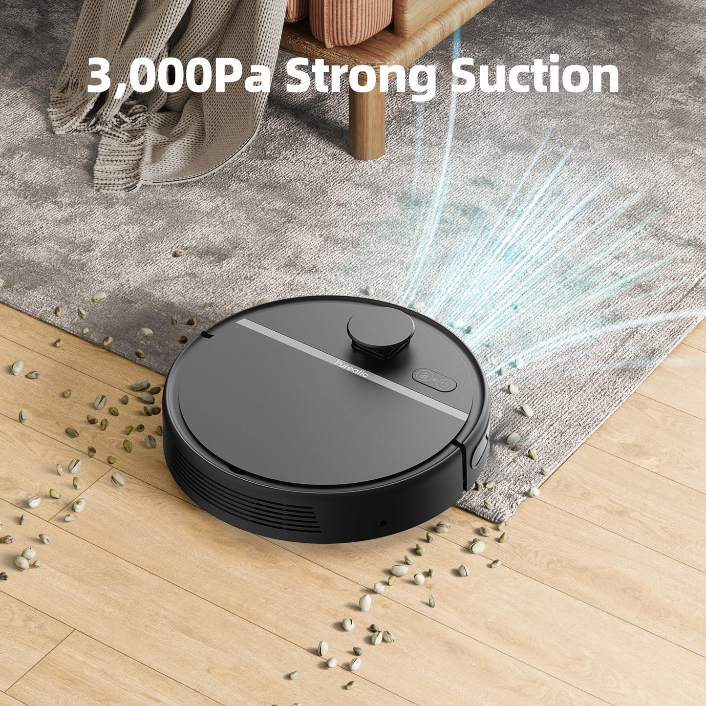 Pureatic N5 Robot Vacuum Cleaner, LiDar Navigation, 3000Pa Strong Suction, 200Mins Max, Quite, Smart Mapping, Wi-Fi/App/Alexa Control, Ideal for Pet Hair Hard Floors & Carpet